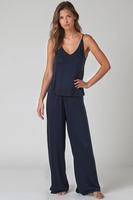 Vivisence Women's Pyjama Set Viscose Wide Leg Pants V-Neck Shirt 2046, dark blue