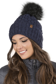 Vivisence Bonnet Femme Avec Pompon Doublé En Polaire Tricoté Pour L’Hiver 7015, bleu foncé