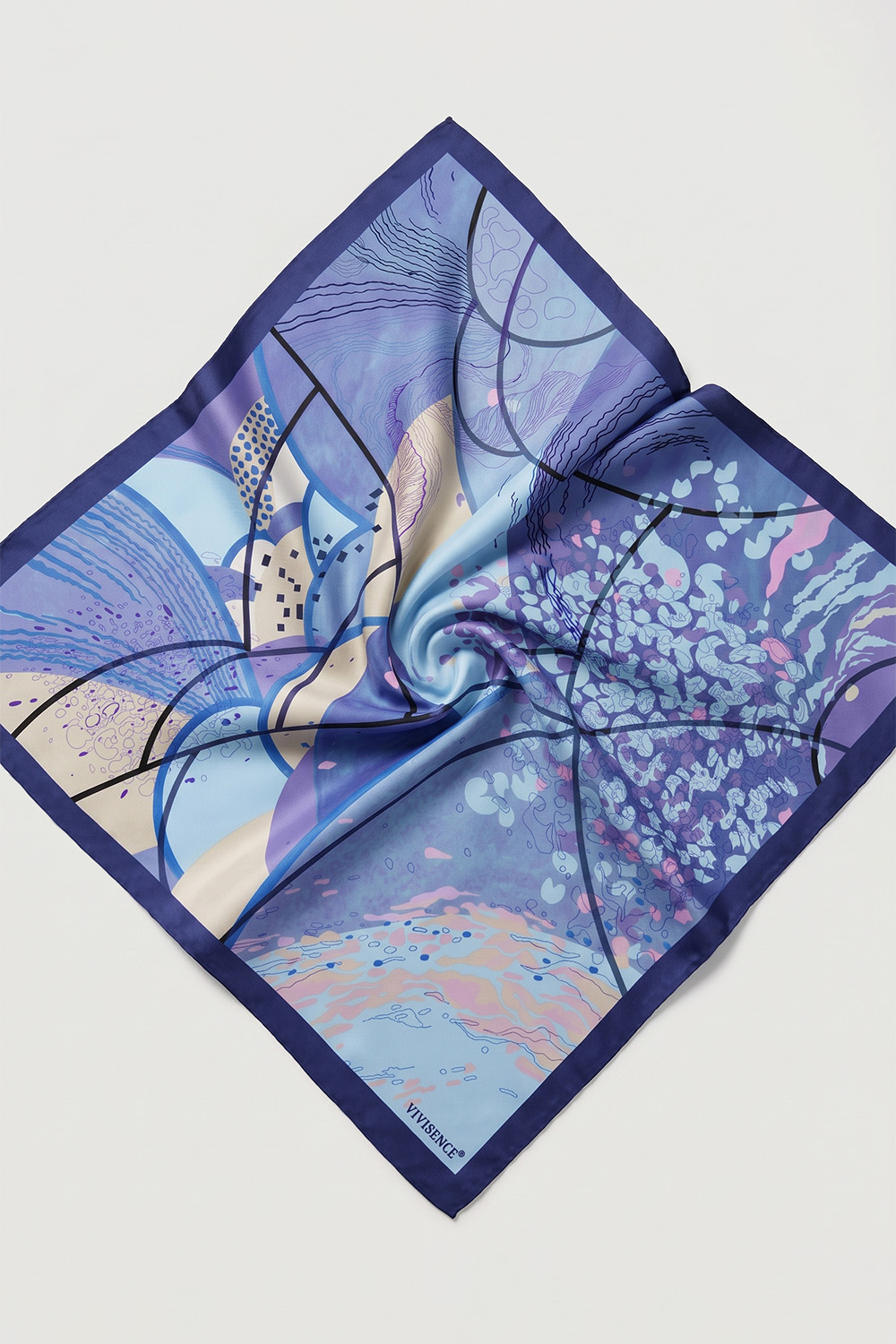 Vivisence Carré de Soie Femme 65 x 65 cm, Foulard en Soie Naturelle 14 Momme, Bords Roulottés à la Main, Bleu/Beige