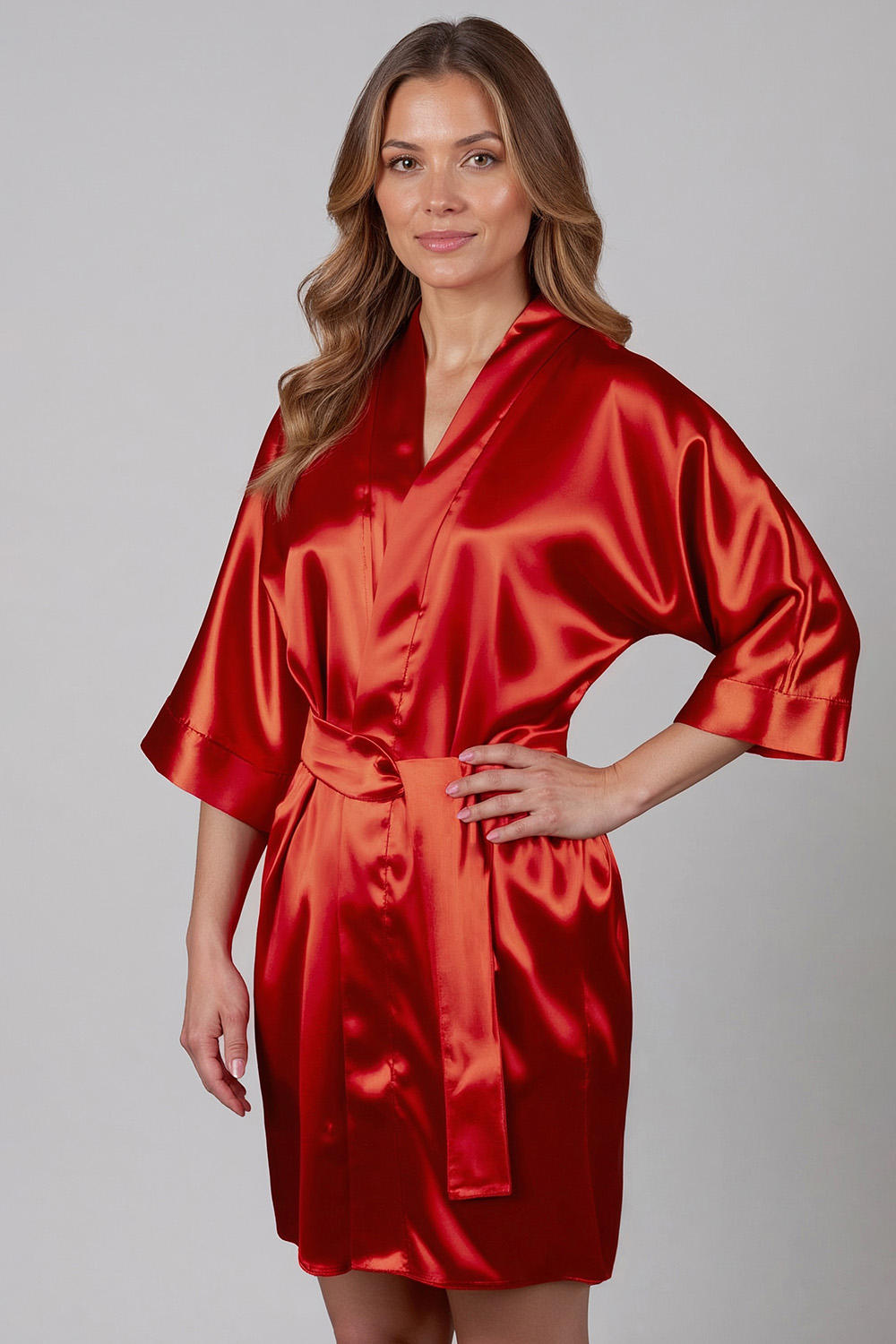 Vivisence peignoir femme satiné élégant léger, kimono court manches 3/4, idéal cadeau nuit, rouge