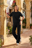 Vivisence Women’s 2 Piece Lounge Set, Short Sleeve T Shirt and Flared Trousers with Pockets, Soft Stretch Co Ord Set, black