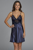 Vivisence Damen Nachthemd Satin Spitze Zierträger Verstellbar Elegant 2038, dunkelblau