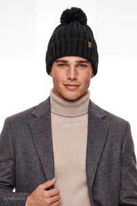 Vivisence Men's Winter Beanie Hat Knit Wool Blend with Pom Pom, black