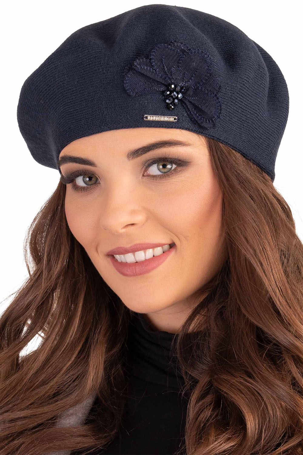 Vivisence Damen Baskenmütze Garn mit Blumenapplikation Ideal für Wintertage 7036, dunkelblau