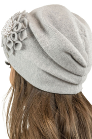 Vivisence Damen Mütze Wolle Blumenapplikation Falten Antistatisch Elegant 7052, hellgrau