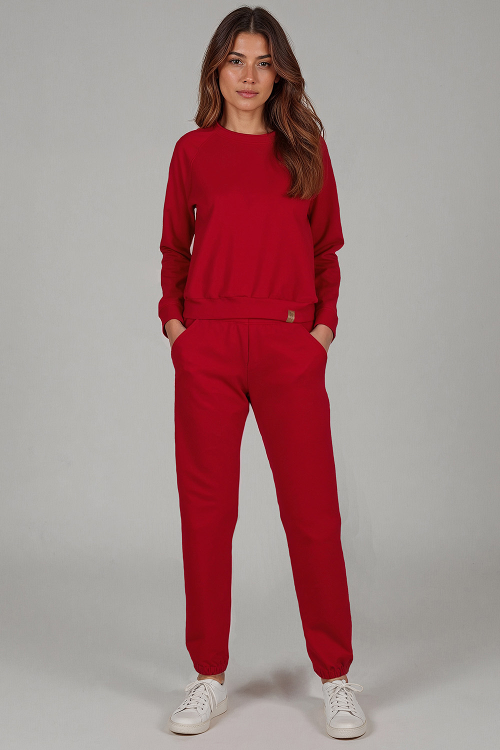 Vivisence Damen Trainingsanzug Baumwolle Bündchen Taschen Alltag Komfort 9204, Rot