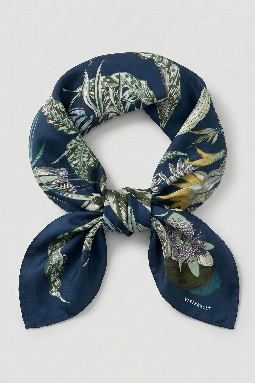Vivisence Carré de Soie Femme 90 x 90 cm, Foulard en Soie Naturelle 14 Momme, Bords Roulottés à la Main, Motif Floral Bleu Marine, bleu marine/vert