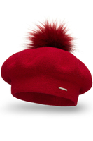 Vivisence Béret Femme Pour L'automne et L'hiver Avec Pompon En Fausse Fourrure Tricoté En Laine Acrylique Doux Chaud Et Confortable Idéal Classique Et Élégant 7035, rouge