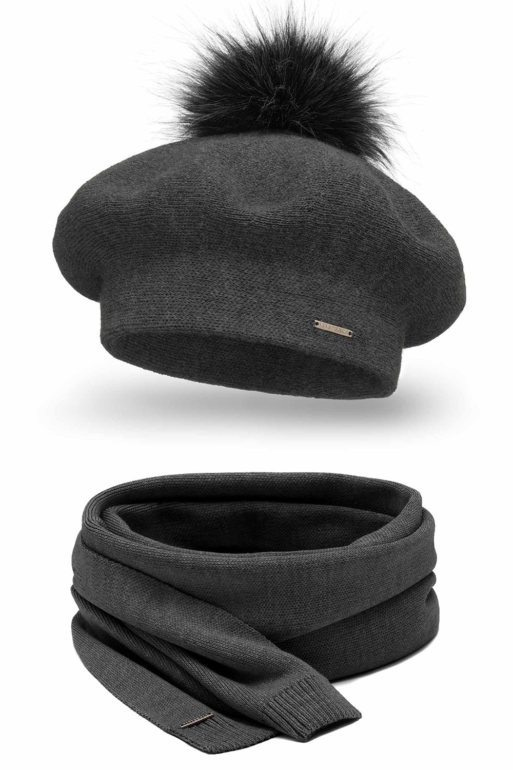 Vivisence Damen Baskenmütze Schal Set Bommel Wolle Warm Elegant Winter 7035Kmpl, dunkelgrau