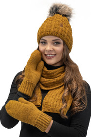 Vivisence Women Winter Hat Scarf And Gloves Set Fleece Lined Soft Knit Warmth, dark yellow