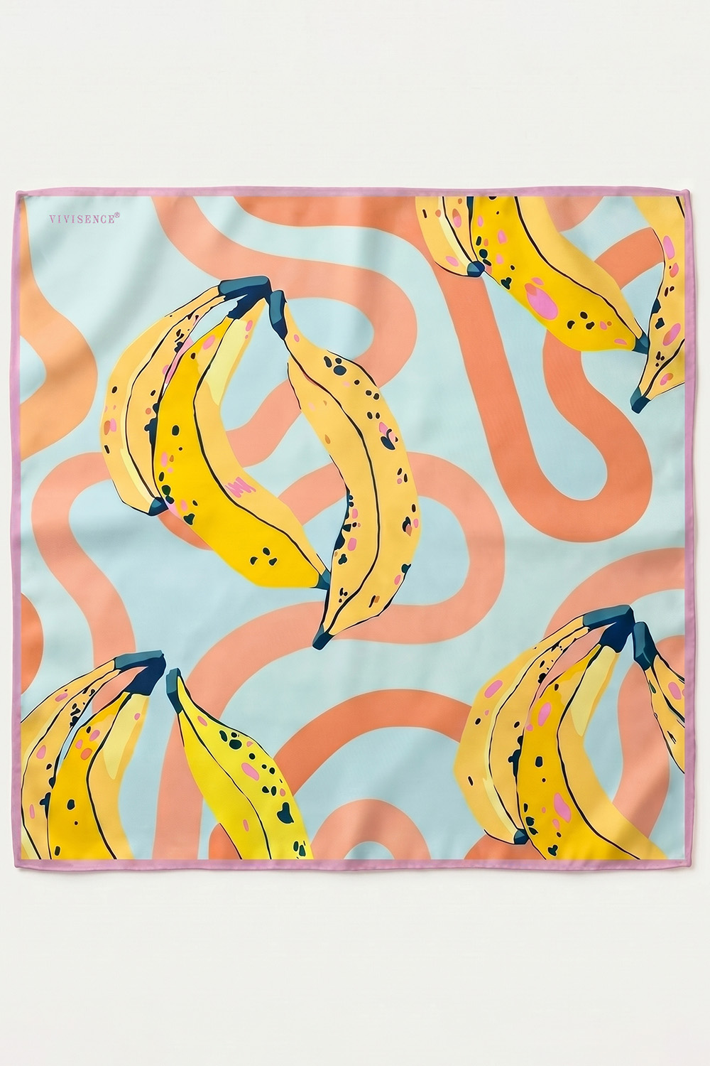 Vivisence Femme Foulard En Soie Carré Imprimé Bananes Bords Roulottés Touche Chic, jaune/bleu
