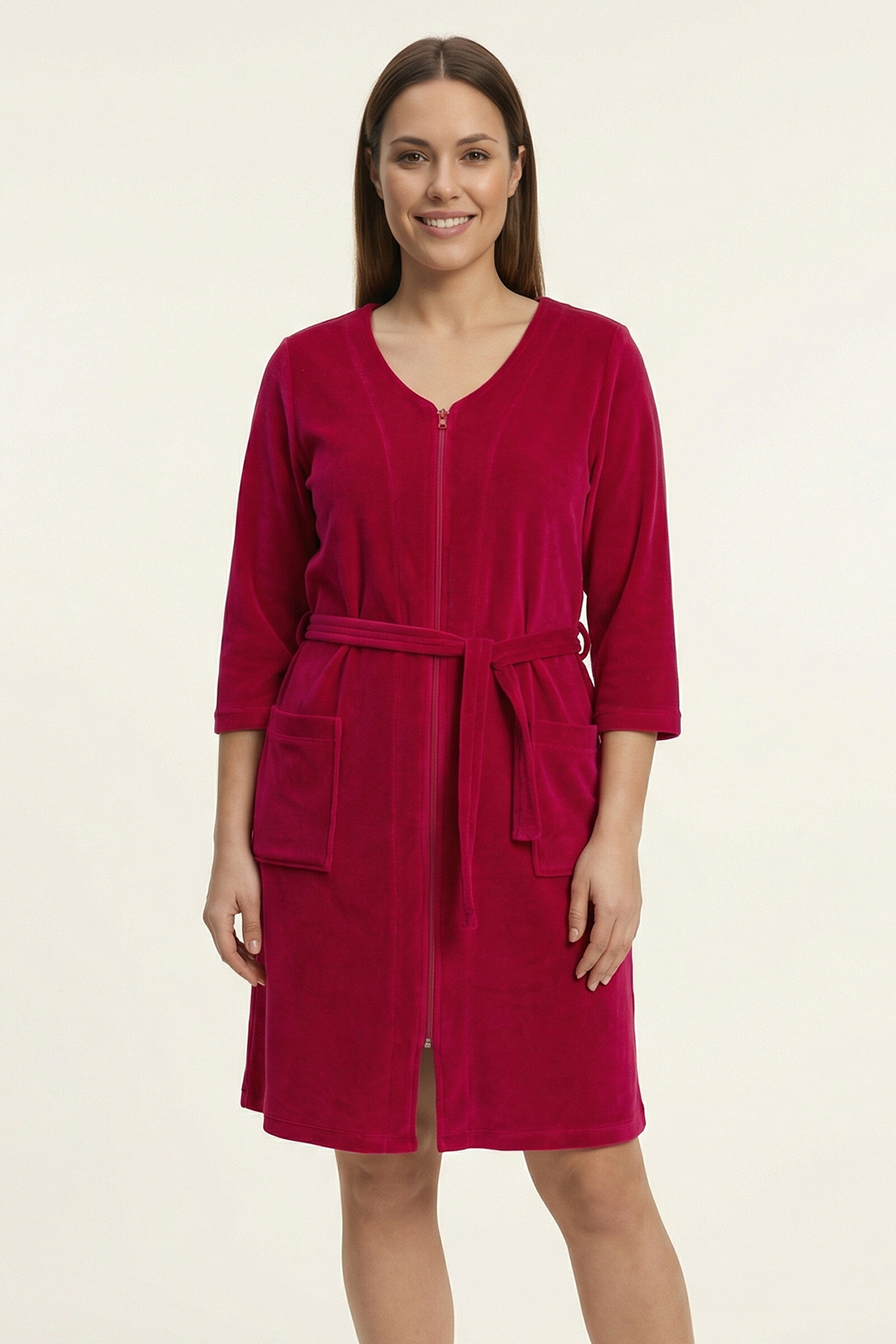 Vivisence Dressing Gown Cotton Zipper and Belt Pockets Home Comfort 5011, ruby