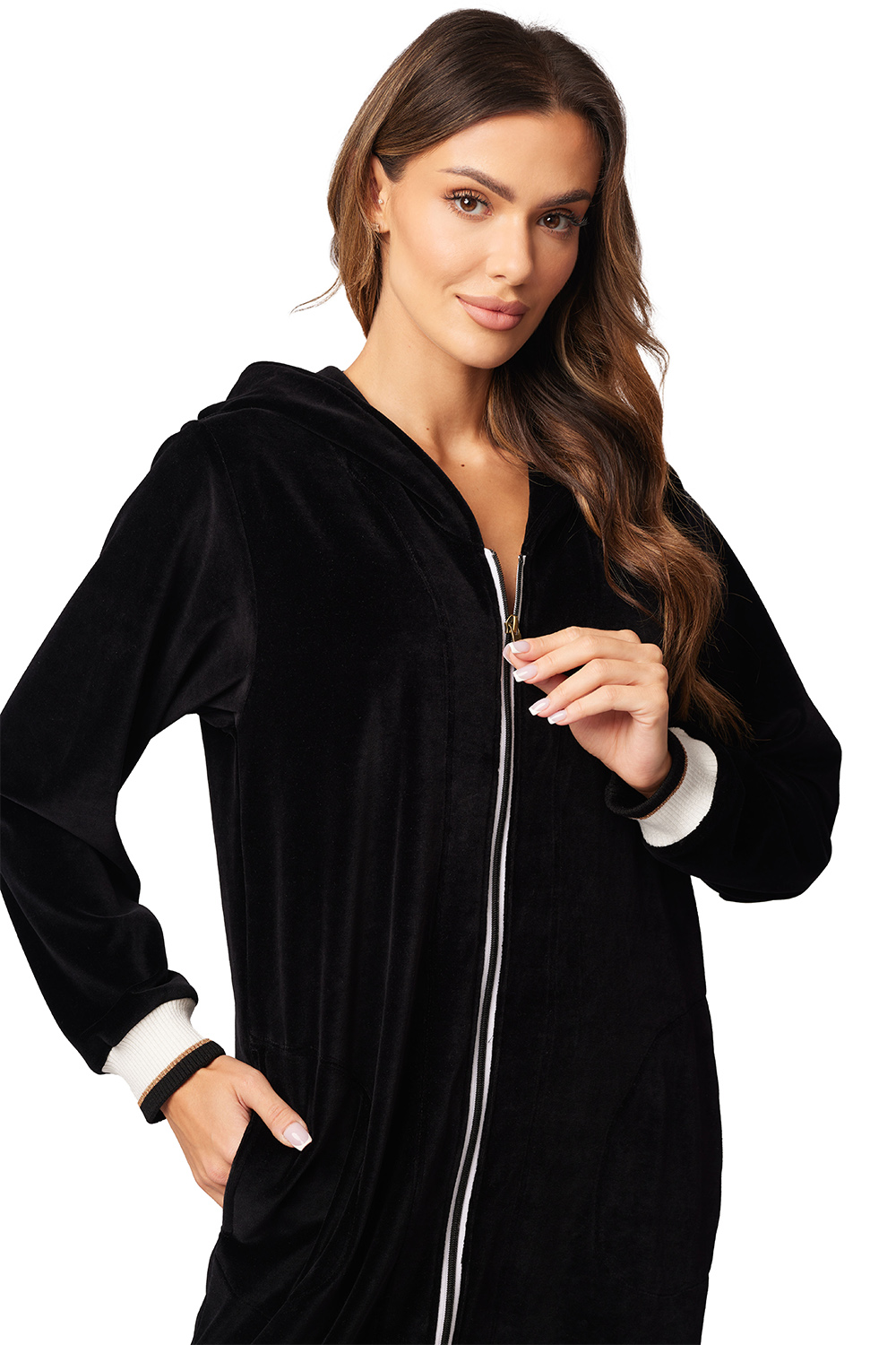 Vivisence Femme Peignoir Court Capuche Zippé Douillet Poches Bord Côtes 5018, noir-blanc