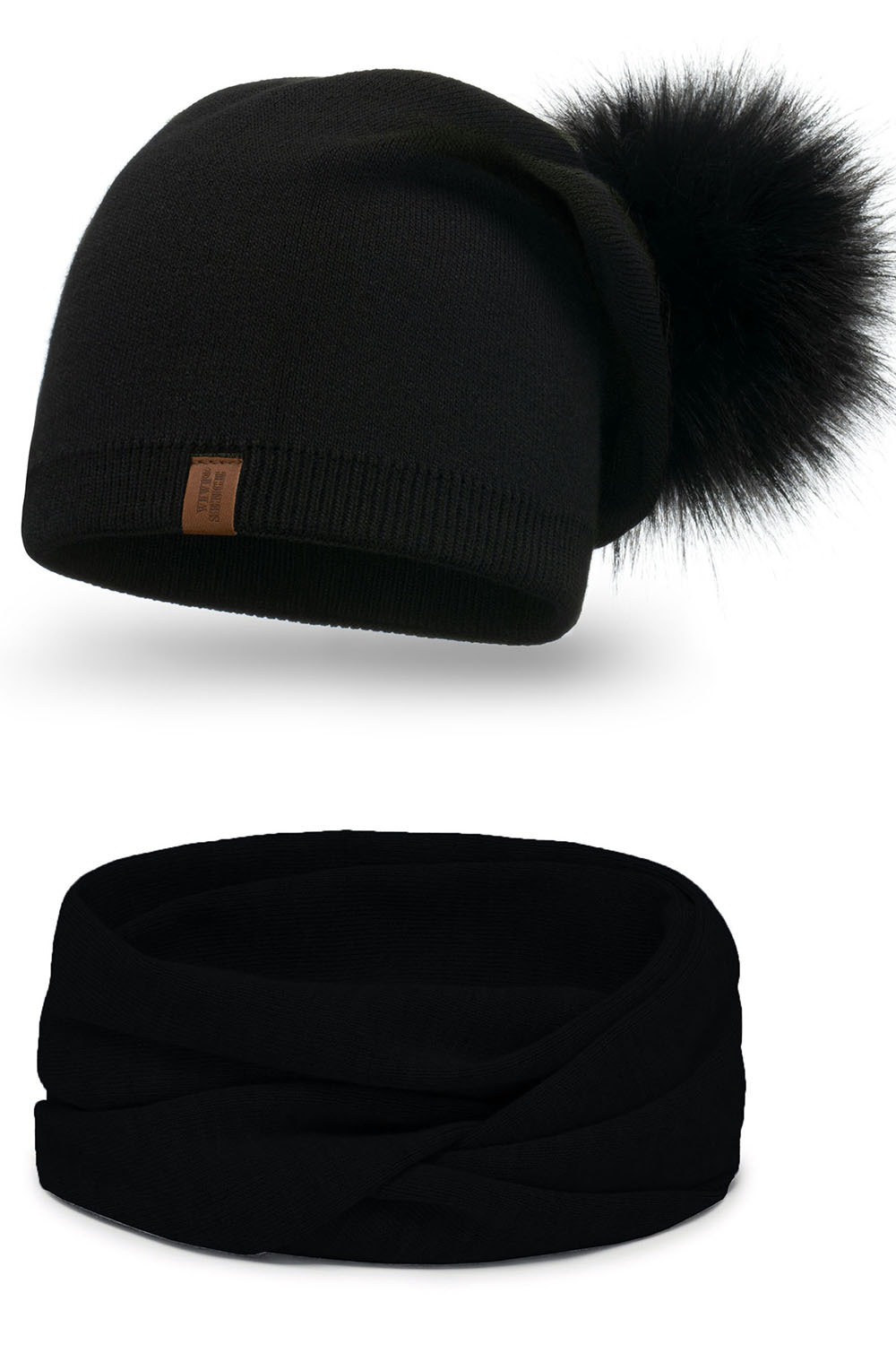 Vivisence Bonnet Pour Femme Et Cache Cou L'Automne et L'Hiver Avec Pompon Tricoté En Acrylique Ensemble Élégant  Écologique Idéal Avec Patch En Cuir Taille Universelle 70105Kmpl, noir