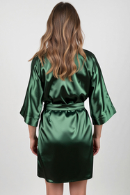 Vivisence Damen Satin Kimono Morgenmantel aus Polyester, eleganter V-Ausschnitt, 3/4 Arm, kurzer Bademantel für Damen als Nachtwäsche, Grün