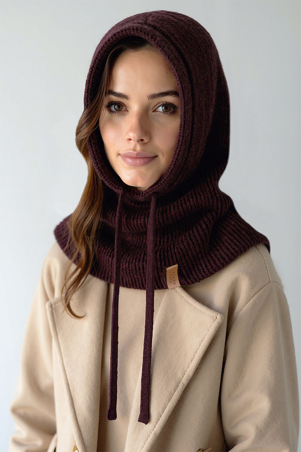 Vivisence Women Winter Hood Soft Cotton Knit Adjustable Drawcord Cozy Warmth, Brown
