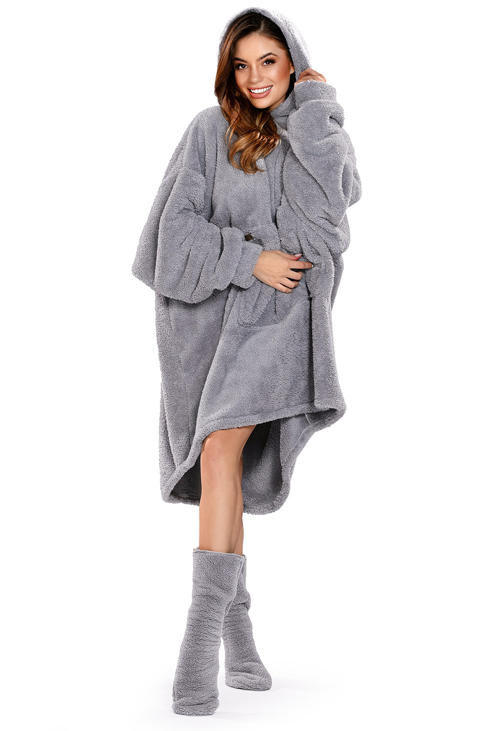 Vivisence Blanket Hoodie and Socks Set Warm and Cozy Wearable Blanket Sweatshirt with Large Pocket Extended Back Long Sleeves and Durable Ankle-Length Socks for Everyday Comfort, grey