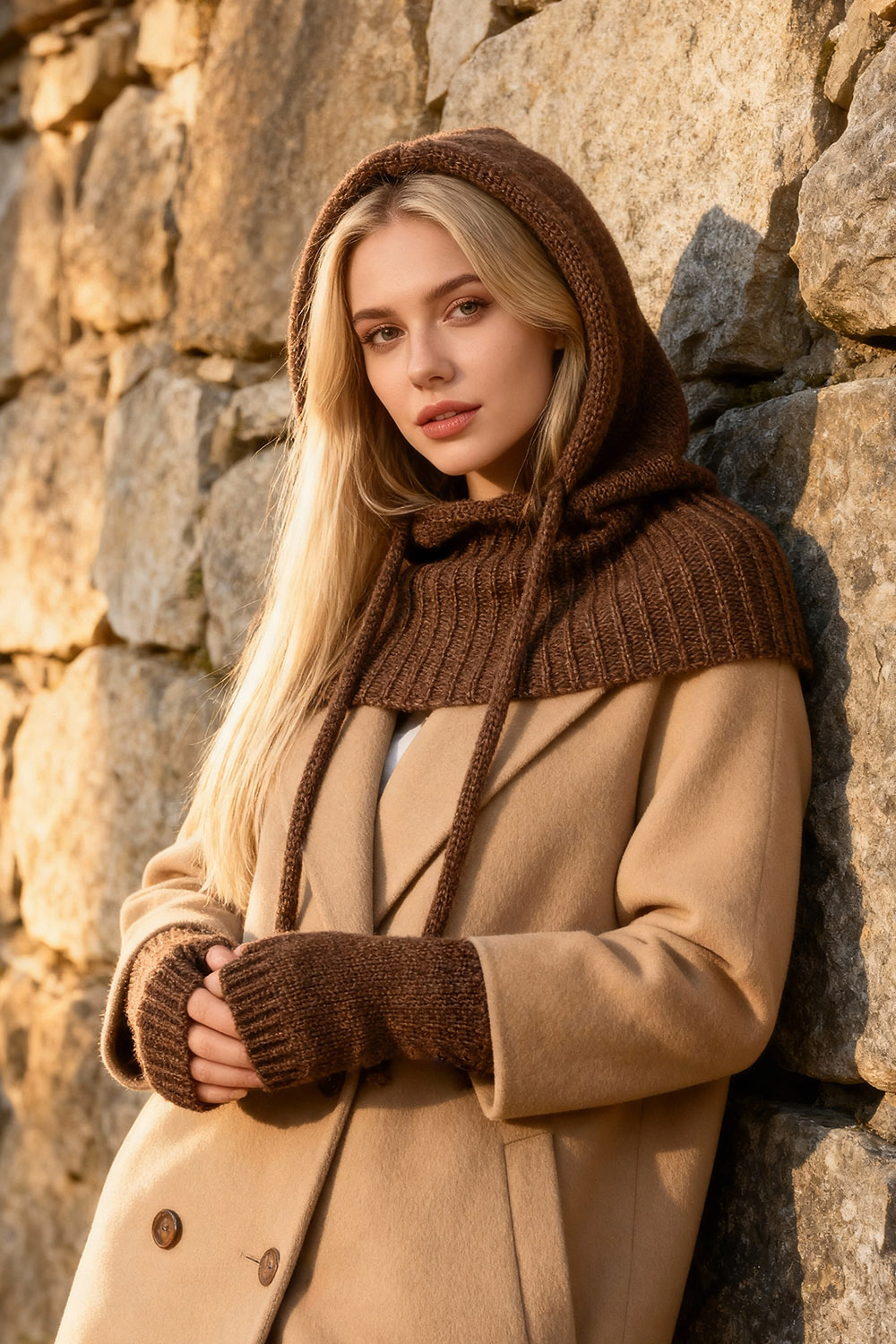 Vivisence Women Winter Hood Merino Wool Knitted Drawstring Fit Cozy Warmth, Brown