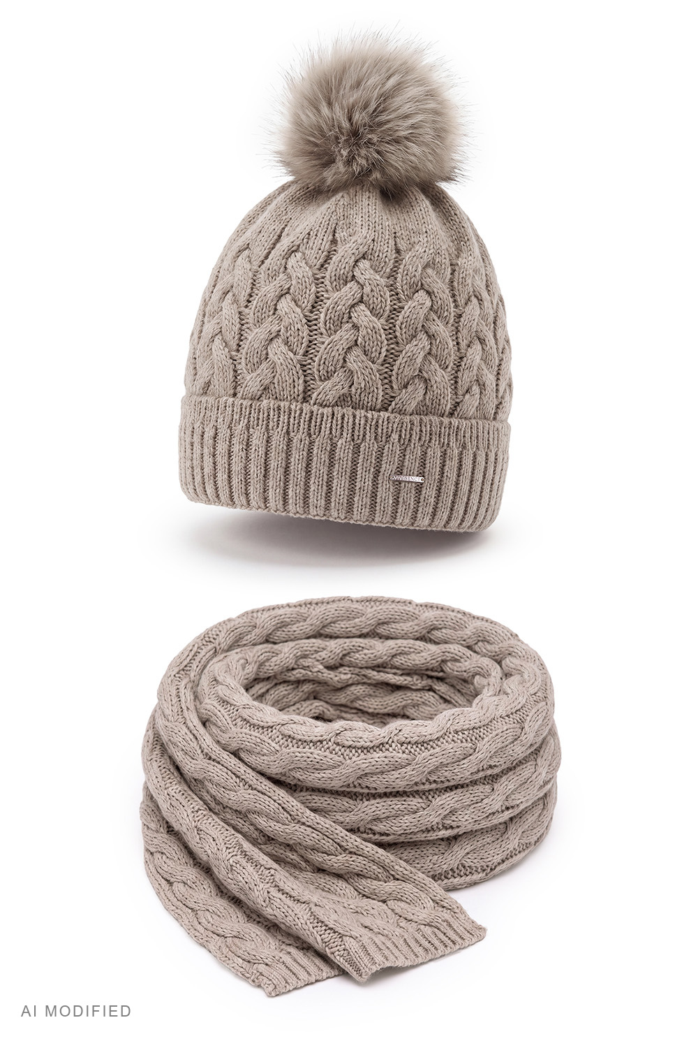 Vivisence ensemble bonnet pompon tricot laine merino écharpe femme hiver, beige