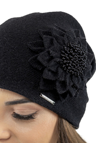 Vivisence Damen Mütze Wolle Blumenapplikation Falten Antistatisch Elegant 7052, schwarz