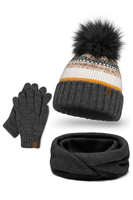 Vivisence Fashionable Winter Women's Set Hat with Colorful Weave and Pom-Pom Foldable Snood Scarf Made From Soft Anti-Static Fleece Lining and Warm Gloves with Wide Welt Finish, dark grey