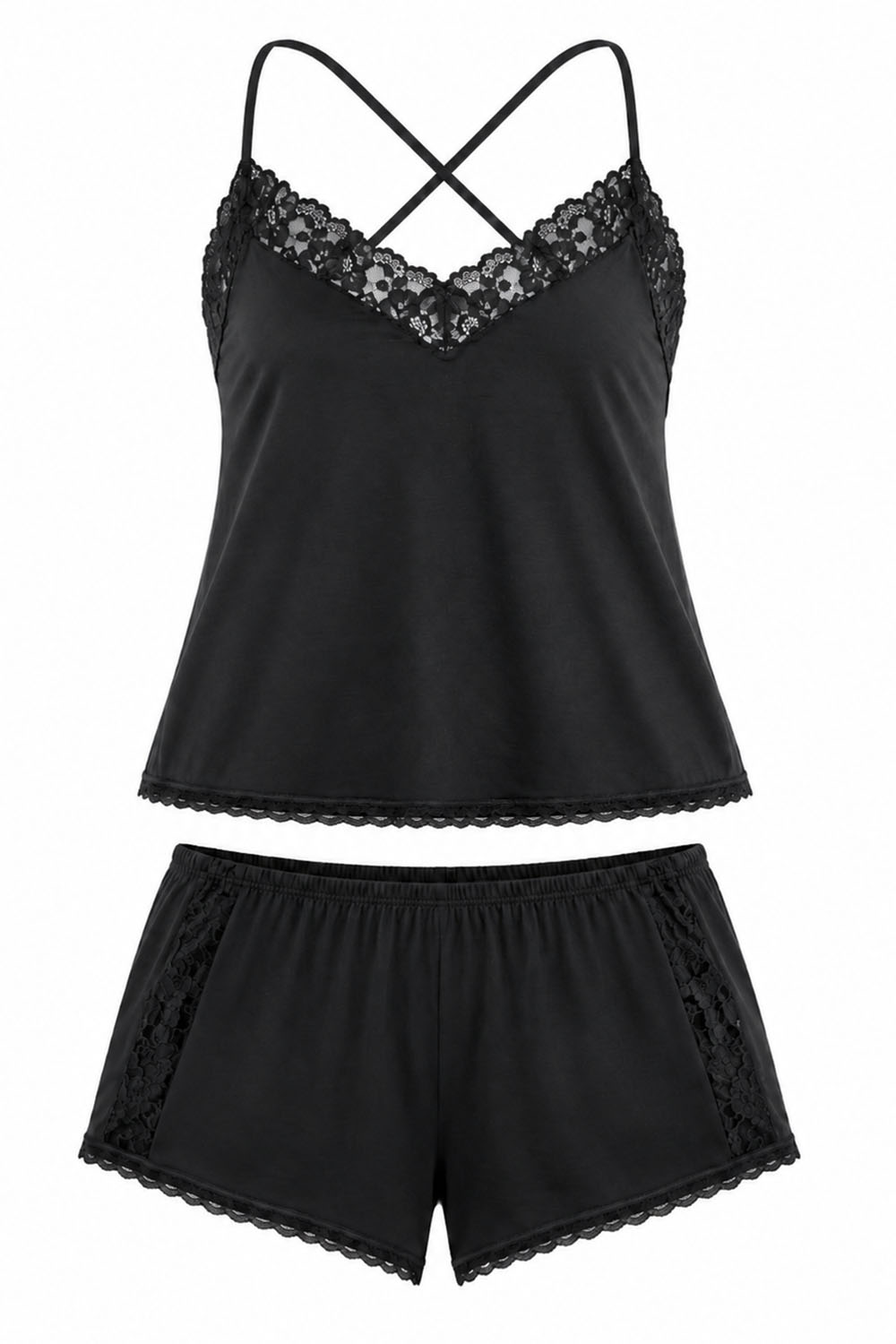 Vivisence Womens Pajama Set Viscose Elegant Style with Lace, black