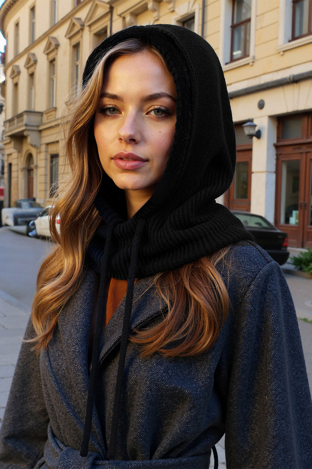 Vivisence Women Winter Hood Soft Cotton Knit Adjustable Drawcord Cozy Warmth, Black