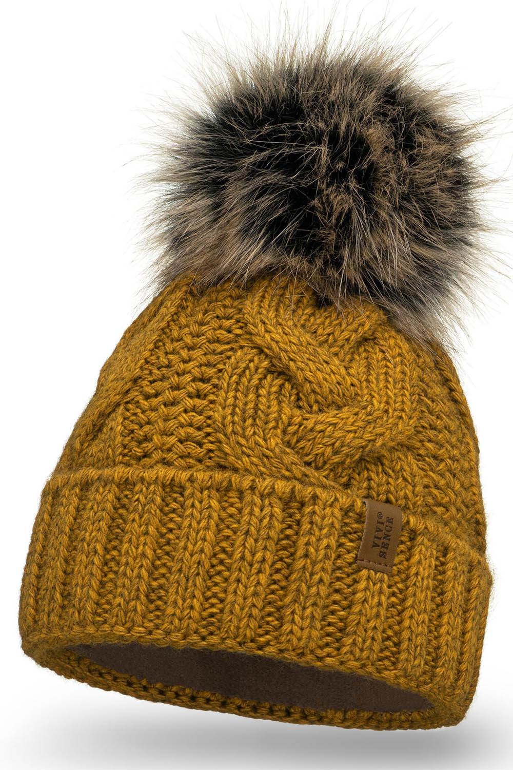 Vivisence Winter Hat With Pom Pom For Women Warm Ideal For Cold Days 7014, dark yellow