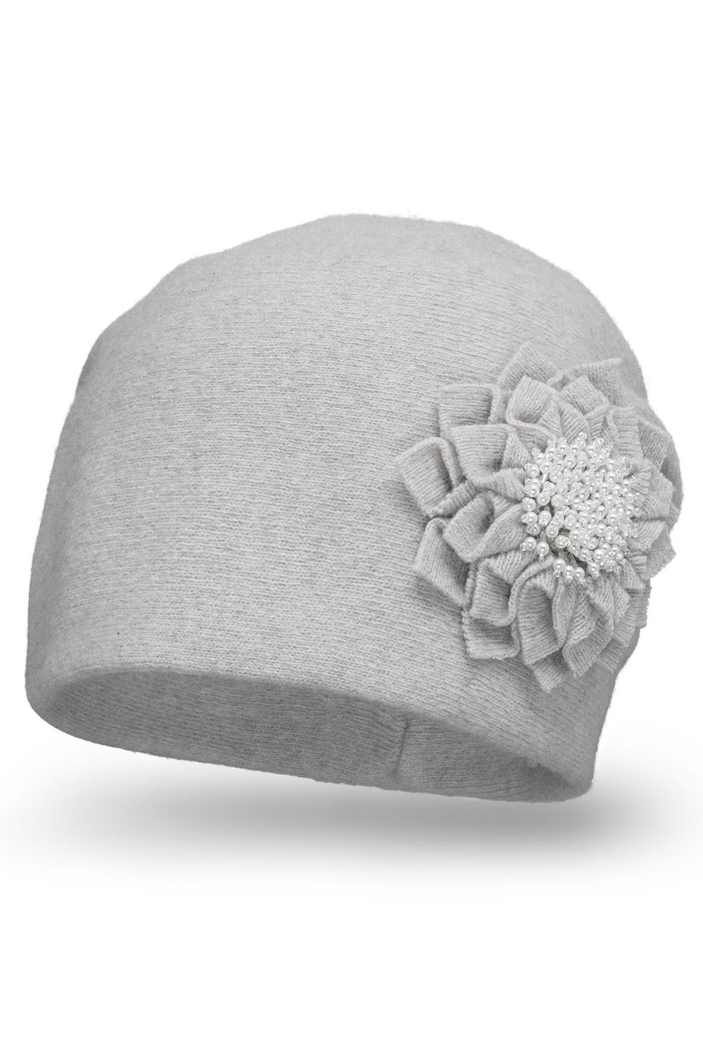 Vivisence Women's Wool Hat With Floral Pleats Antistatic Elegant 7052, light grey