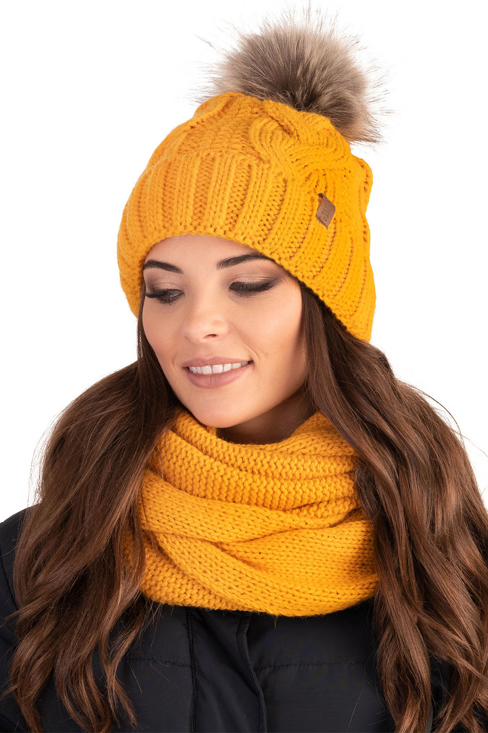Vivisence Stylish Women's Winter Set Including Pompom Hat And Cozy Snood Scarf Made From Soft And Warm Fabric Smooth Fleece Lining Ideal For Cold Days, honey