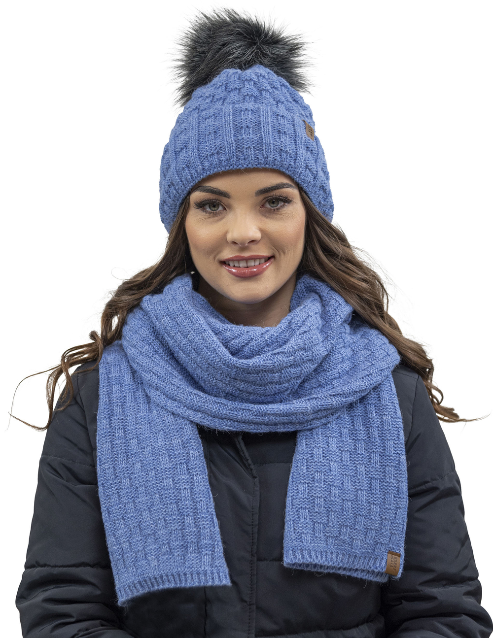 Vivisence Femme Bonnet Et Écharpe Pour l'Automne et l'Hiver À Pompon Chauds Doublés De Polaire Anti-Statique Idéal Pour Les Hommes Élégants Parfait Pour Froides Journées 7015Kmpl, bleu denim