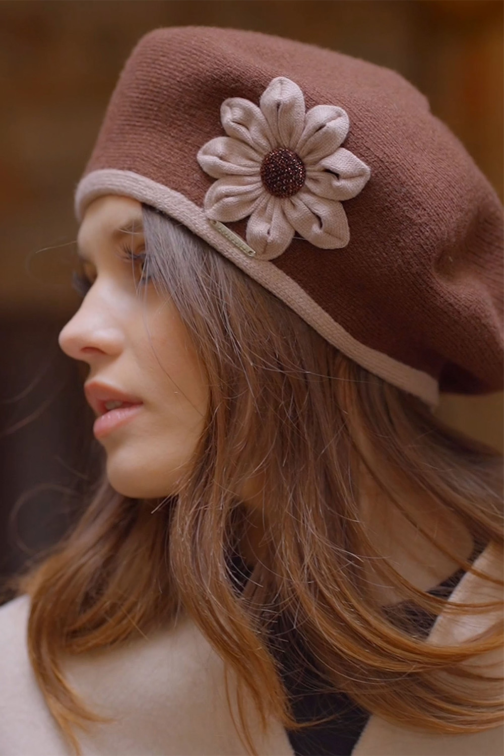 Vivisence Women's Winter Beret Autumn Warm With Floral Applique 7046, brown