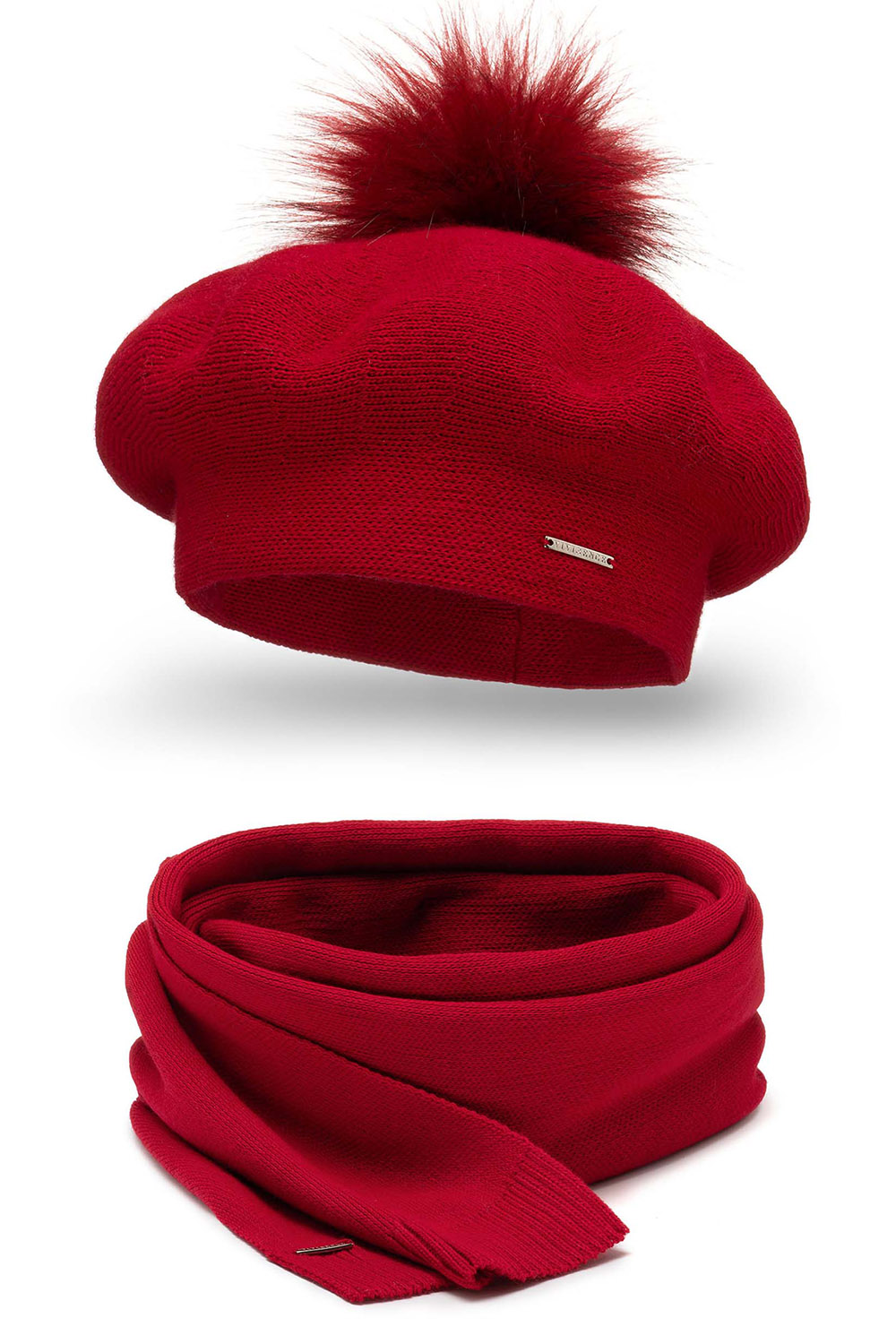 Vivisence Damen Baskenmütze Schal Set Bommel Wolle Warm Elegant Winter 7035Kmpl, rot