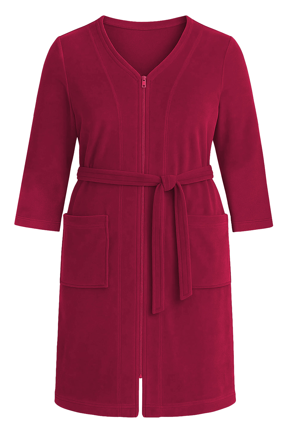 Vivisence Dressing Gown Cotton Zipper and Belt Pockets Home Comfort 5011, ruby