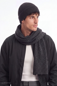 Vivisence ensemble bonnet écharpe laine mérinos soie homme hiver, graphite