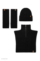 Vivisence Damen Set Mütze Schal Handwärmer warme Strickware, schwarz