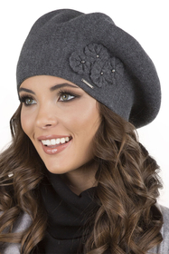 Vivisence Elegant Women's Beret With Flower Warm Autumn Winter Accessory 7006, dark grey