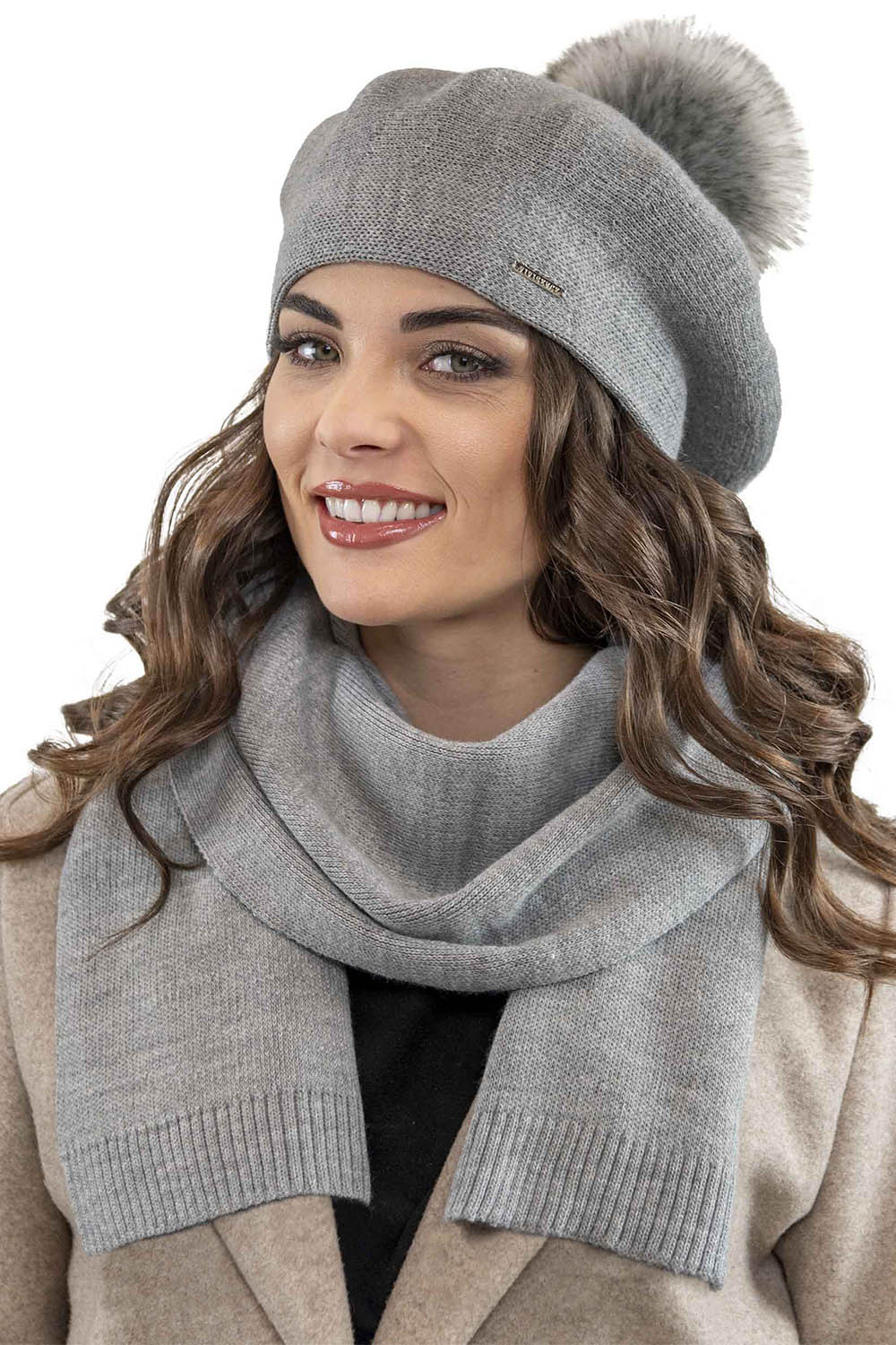 Vivisence Damen Baskenmütze Schal Set Bommel Wolle Warm Elegant Winter 7035Kmpl, hellgrau