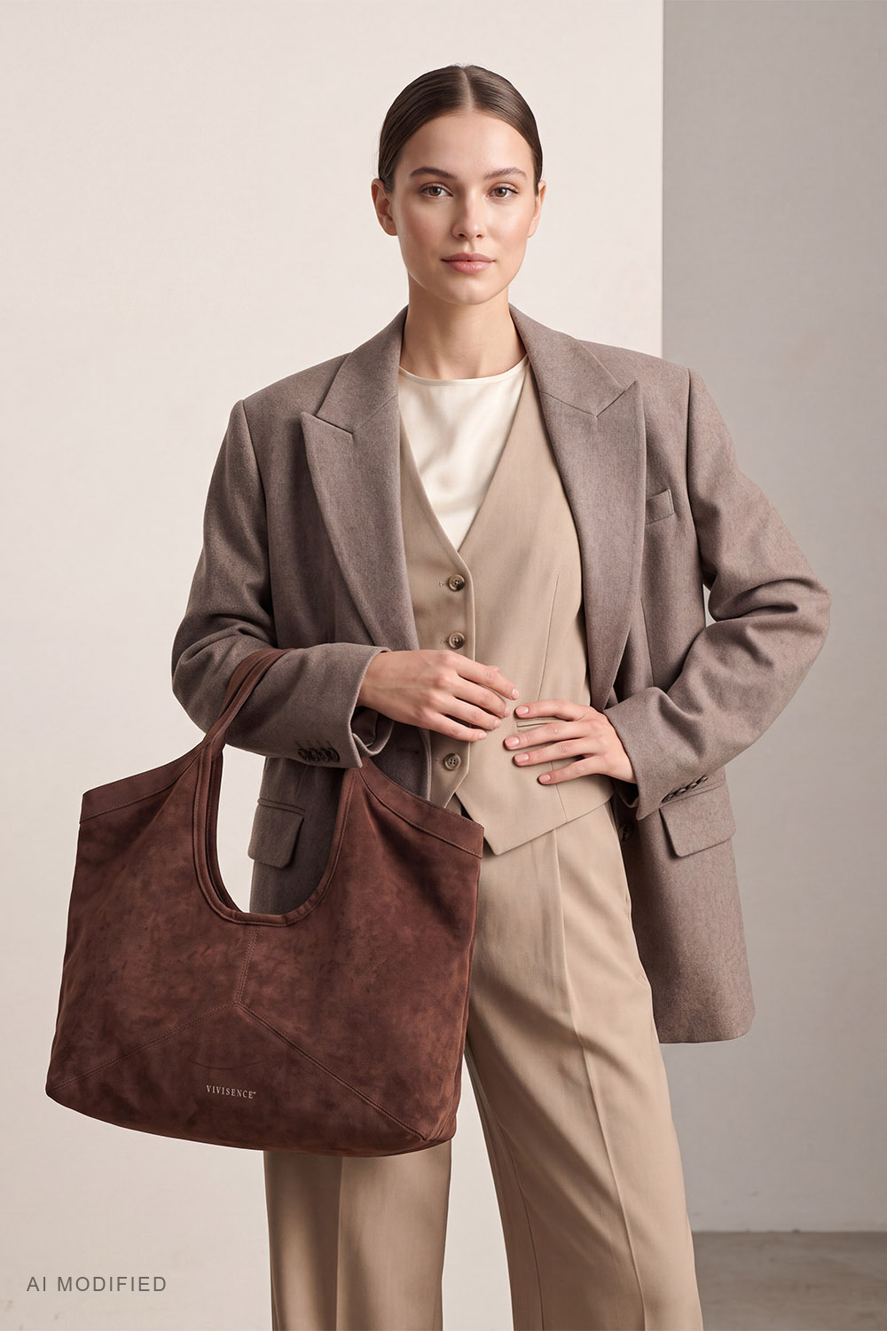 Vivisence sac à bandoulière suédine polyester femme pratique, brun