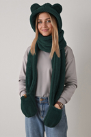 Vivisence Women Winter Hood Scarf With Mittens Soft Polyester Cozy Warmth, bottle green