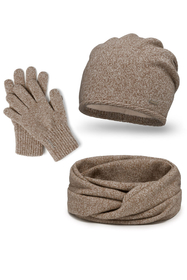 Vivisence Winter Damen Set Aus Wolle Mit Mütze, Schal Und Handschuhen Hergestellt Aus Weich Und Warm Garn Mit Melange-Muster Ideal Für Kalte Wintertage, beige Melange