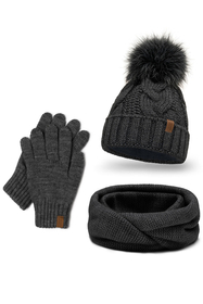 Vivisence Damen Winter Set Bommelmütze Loop Schal Handschuhe Warm Elegant, dunkelgrau