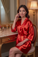 Vivisence Femme Peignoir Satin Court Manches Trois Quarts Ceinture Bien Être, rouge