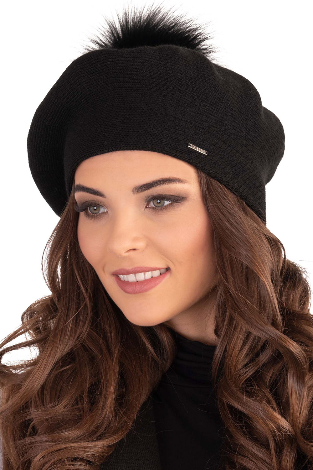 Vivisence Béret Femme Pour L'automne et L'hiver Avec Pompon En Fausse Fourrure Tricoté En Laine Acrylique Doux Chaud Et Confortable Idéal Classique Et Élégant 7035, noir