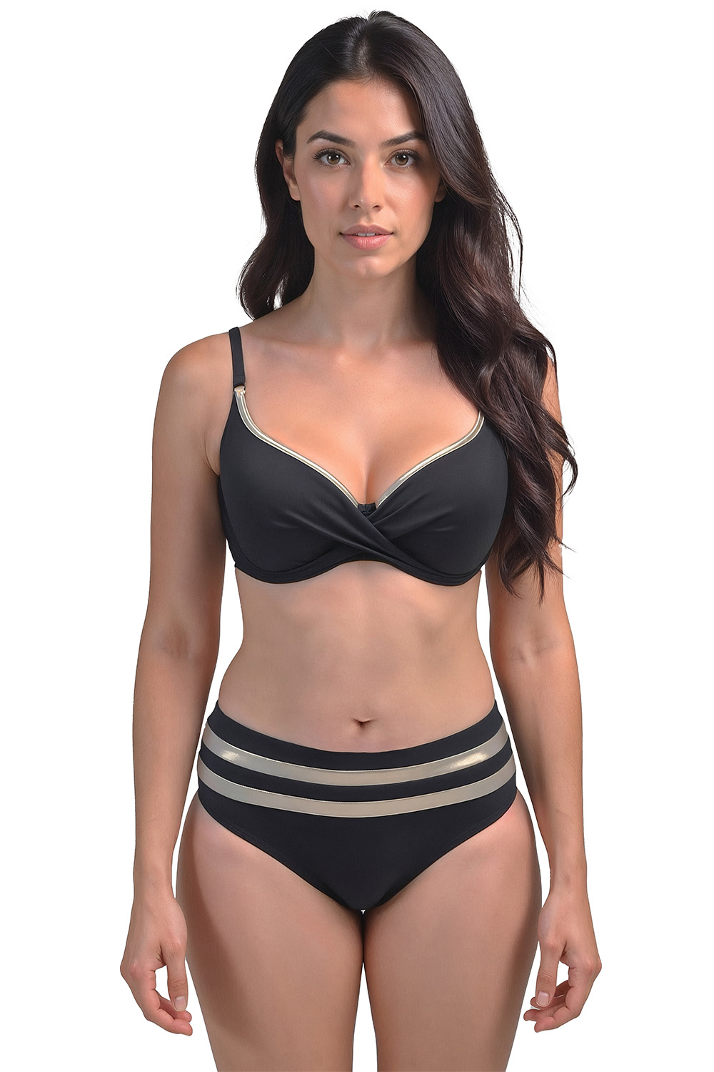 Vivisence Push Up Bikini Top With Molded Cups Decorative Trim And Side Support For Lift 3222, black-gold