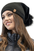 Vivisence Modisches Damen-Set aus Mütze Mit Umweltfreundlichem Pompon und Doppelt Gefaltetem Strickstoff Sowie Passendem Loop-Schal Ideal für Kalte Wintertage, Schwarz