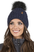 Vivisence Pom Pom Hat For Women Fleece Lined Knitted Winter Style 7015, dark blue
