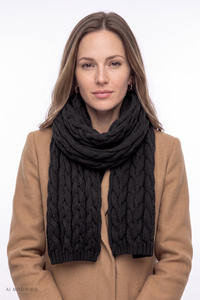 Vivisence Strickschal Damen Merino-Wolle Seide Zopfmuster Schal, schwarz