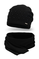 Vivisence Bonnet Et Écharpe Pour L'Hiver Femme Ensemble À La Mode Ajusté Classique Décoratif Avec Perles Tissage Et Laine Chaud Élégant Plaque Logo Confort Optimal 7002Kmpl, noir