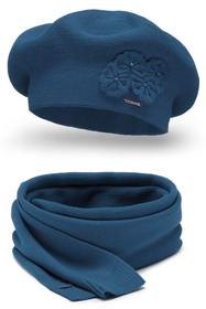 Vivisence Femme Béret Et Écharpe Pour l'Automne et l'Hiver Ensemble En Laine Avec Application Florale Style Classique Confortable Et Élégant Parfait Pour Lhiver Cadeau 7006Kmpl, bleu